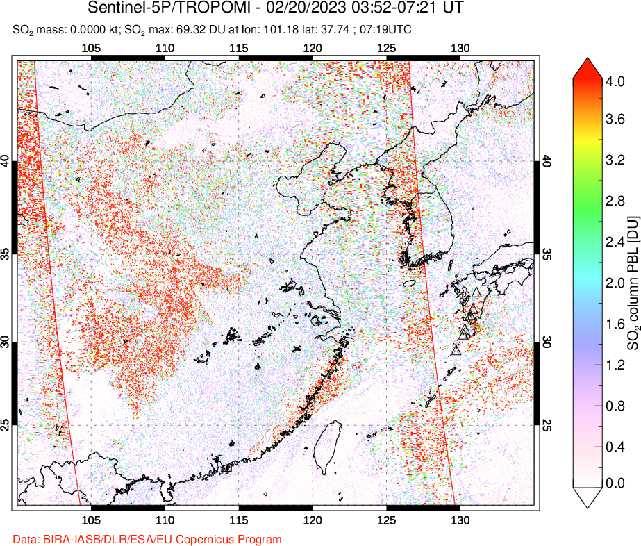 A sulfur dioxide image over Eastern China on Feb 20, 2023.