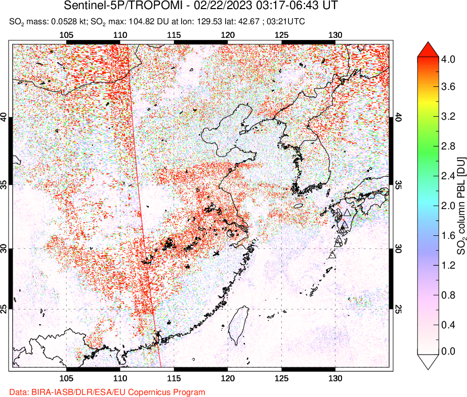 A sulfur dioxide image over Eastern China on Feb 22, 2023.