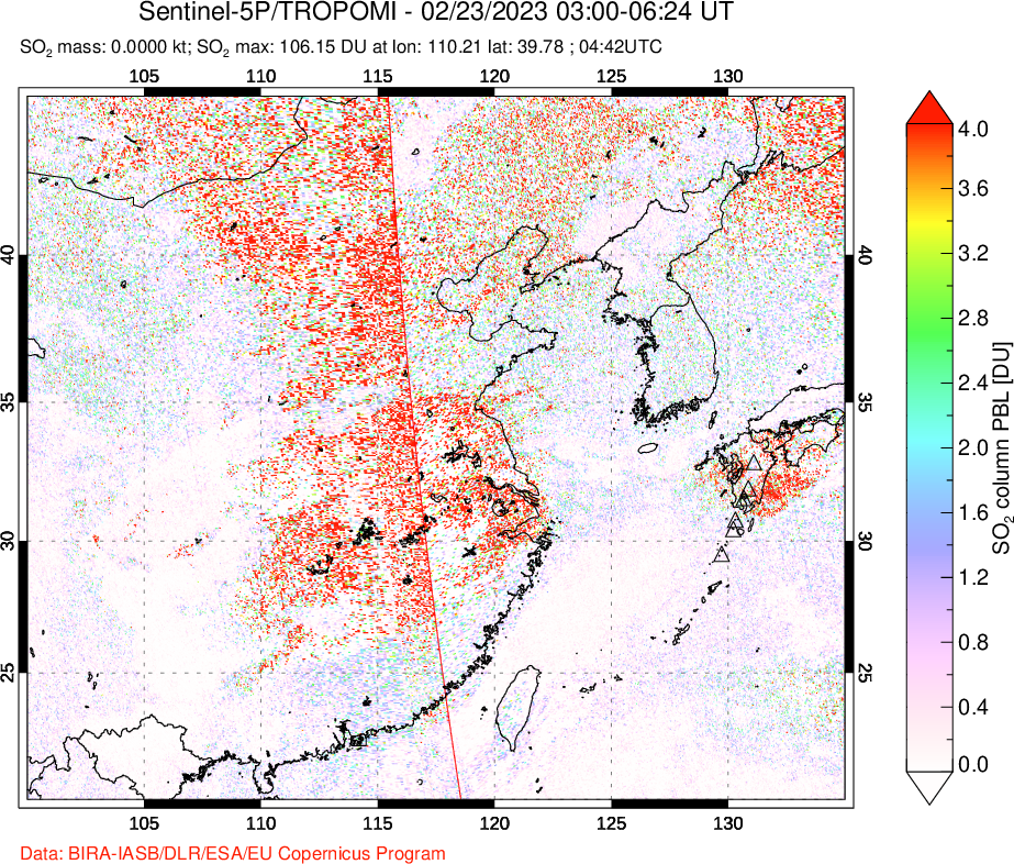 A sulfur dioxide image over Eastern China on Feb 23, 2023.
