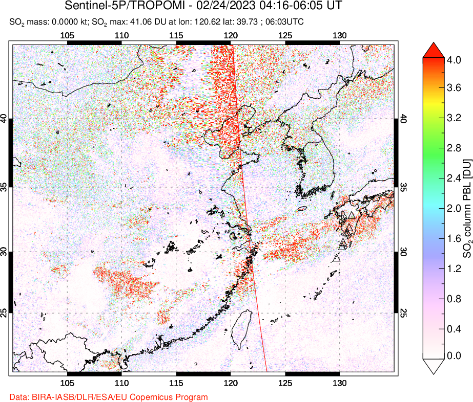 A sulfur dioxide image over Eastern China on Feb 24, 2023.