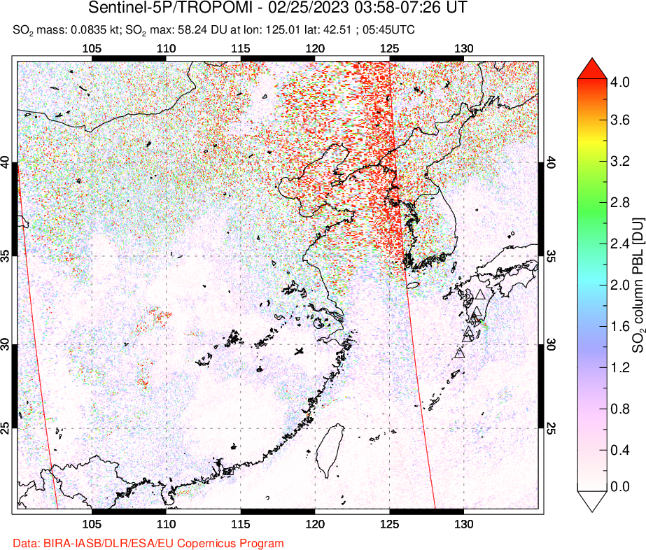 A sulfur dioxide image over Eastern China on Feb 25, 2023.