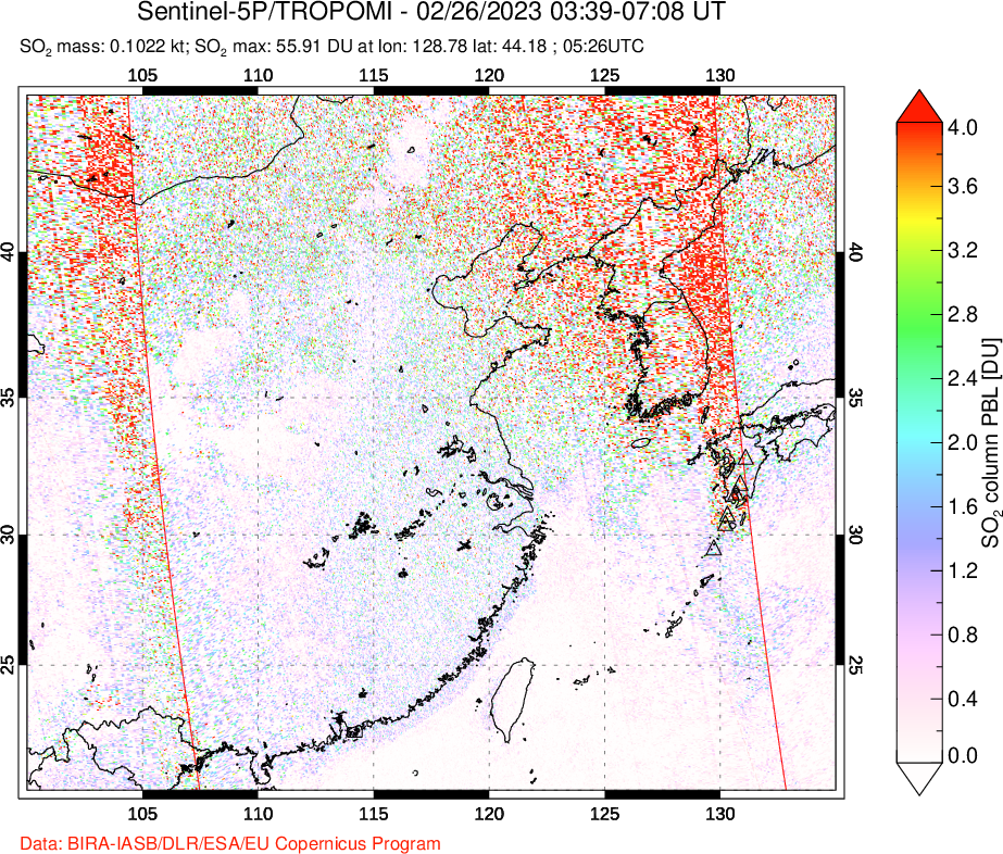A sulfur dioxide image over Eastern China on Feb 26, 2023.