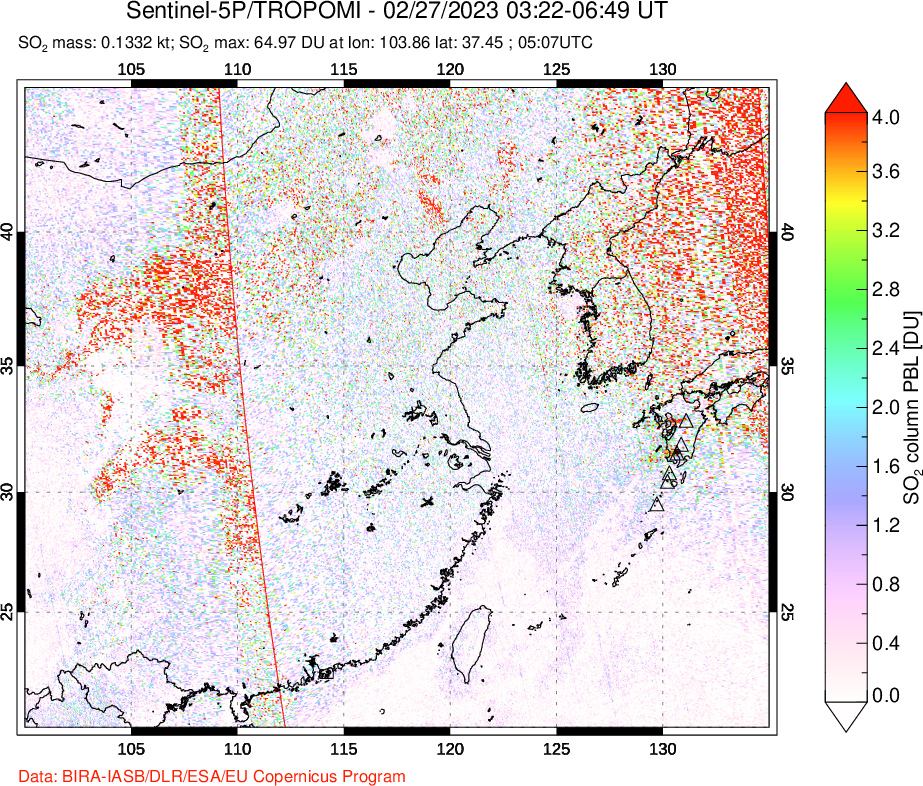 A sulfur dioxide image over Eastern China on Feb 27, 2023.