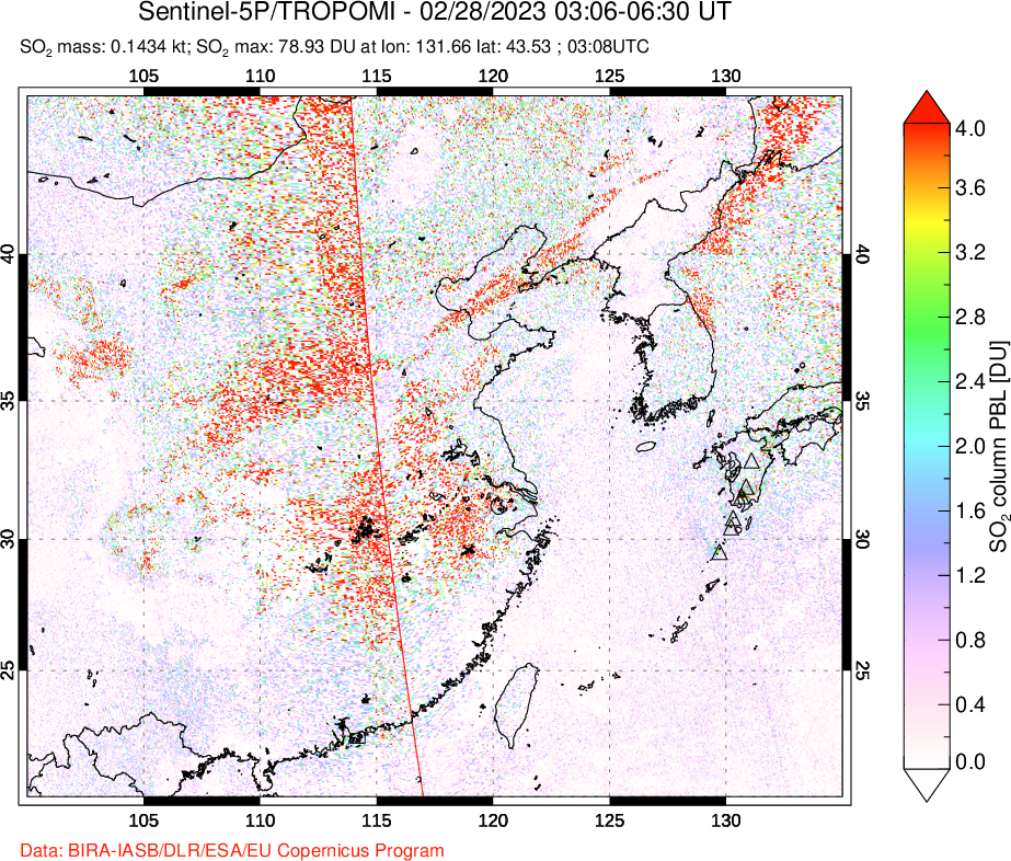 A sulfur dioxide image over Eastern China on Feb 28, 2023.