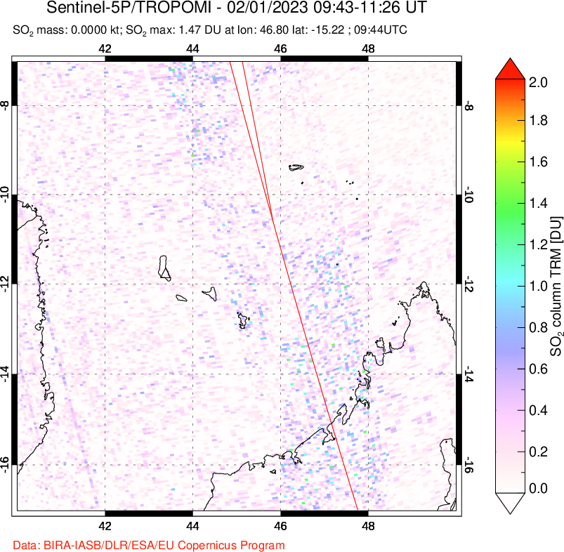 A sulfur dioxide image over Comoro Islands on Feb 01, 2023.