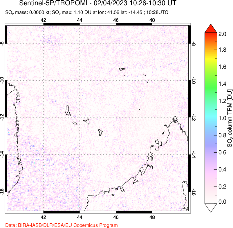 A sulfur dioxide image over Comoro Islands on Feb 04, 2023.