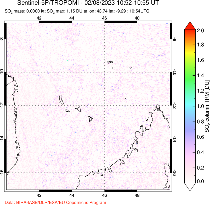 A sulfur dioxide image over Comoro Islands on Feb 08, 2023.