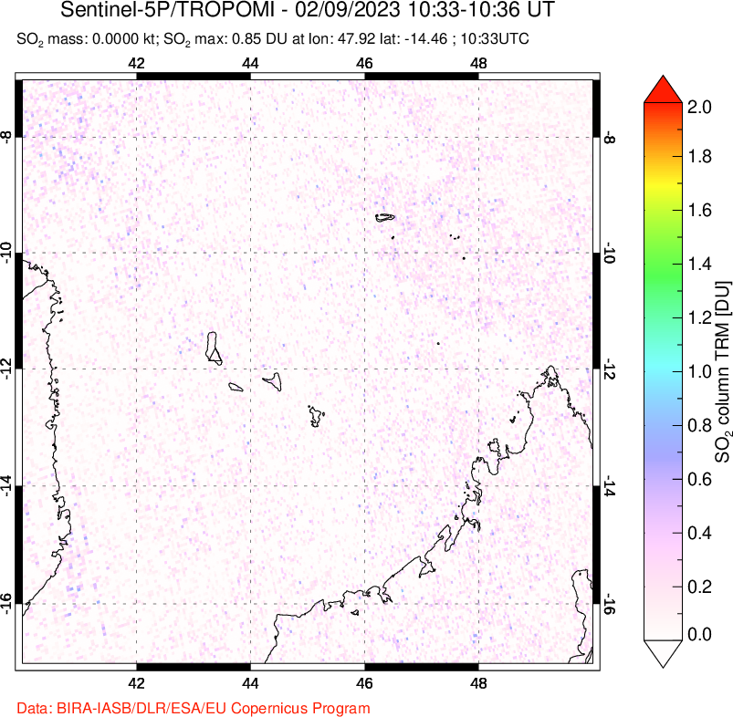 A sulfur dioxide image over Comoro Islands on Feb 09, 2023.