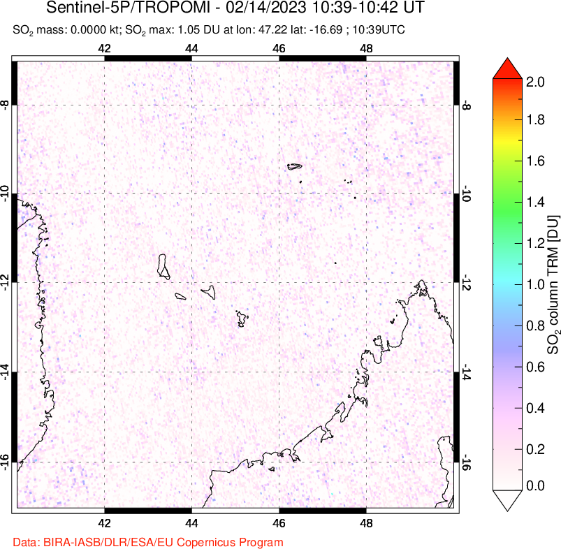 A sulfur dioxide image over Comoro Islands on Feb 14, 2023.