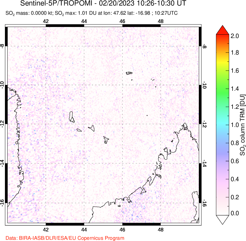A sulfur dioxide image over Comoro Islands on Feb 20, 2023.