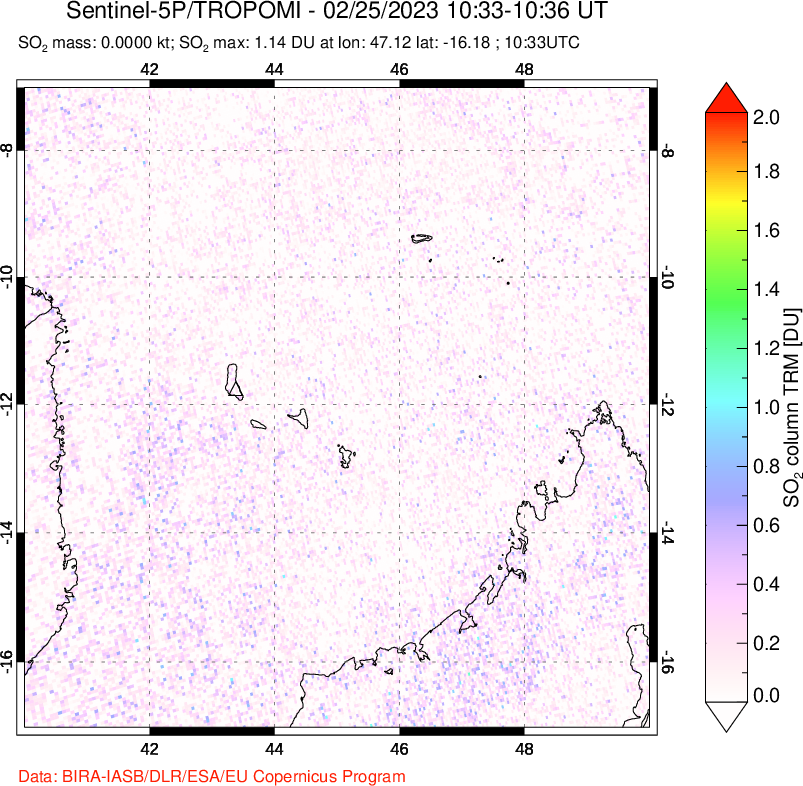 A sulfur dioxide image over Comoro Islands on Feb 25, 2023.