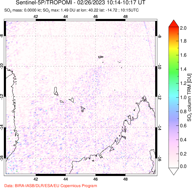 A sulfur dioxide image over Comoro Islands on Feb 26, 2023.