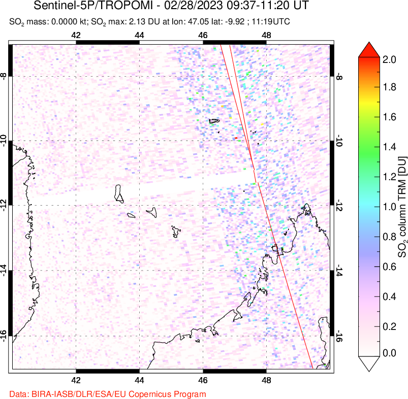A sulfur dioxide image over Comoro Islands on Feb 28, 2023.