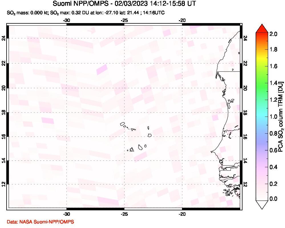 A sulfur dioxide image over Cape Verde Islands on Feb 03, 2023.