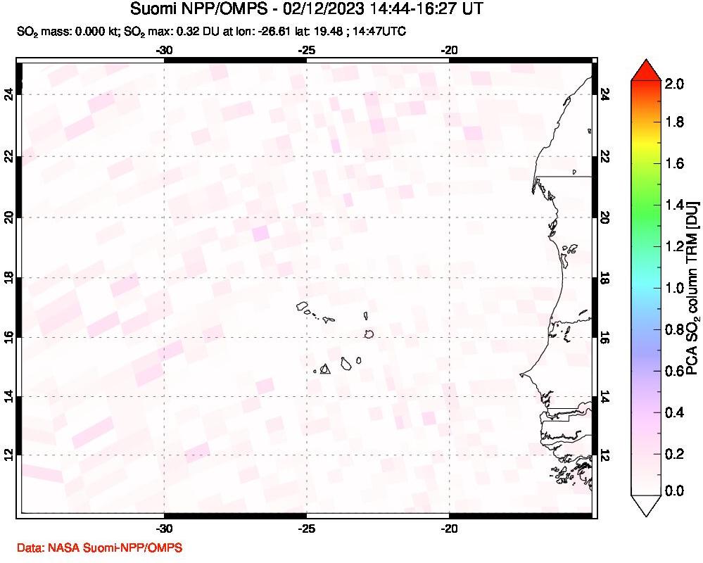 A sulfur dioxide image over Cape Verde Islands on Feb 12, 2023.