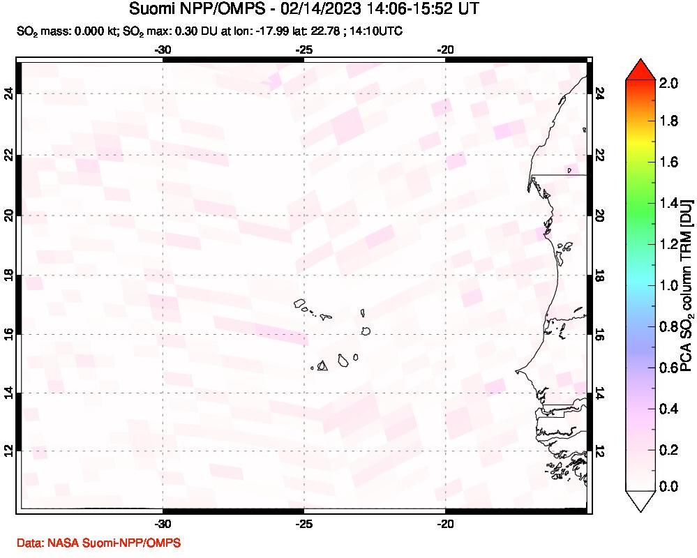 A sulfur dioxide image over Cape Verde Islands on Feb 14, 2023.