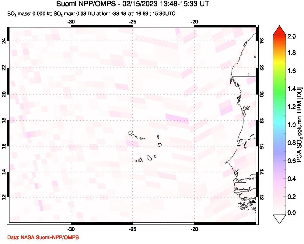 A sulfur dioxide image over Cape Verde Islands on Feb 15, 2023.