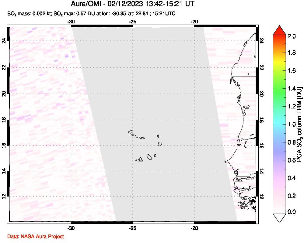 A sulfur dioxide image over Cape Verde Islands on Feb 12, 2023.