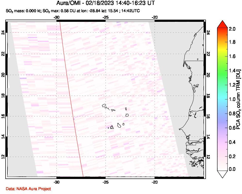 A sulfur dioxide image over Cape Verde Islands on Feb 18, 2023.