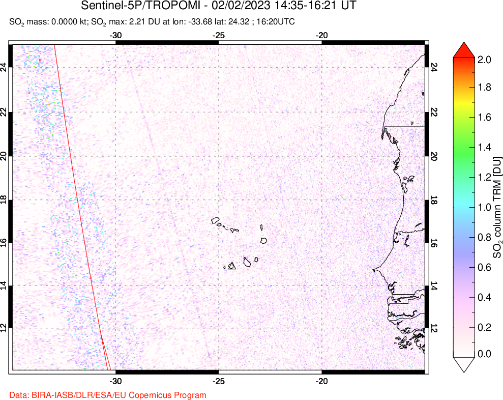 A sulfur dioxide image over Cape Verde Islands on Feb 02, 2023.