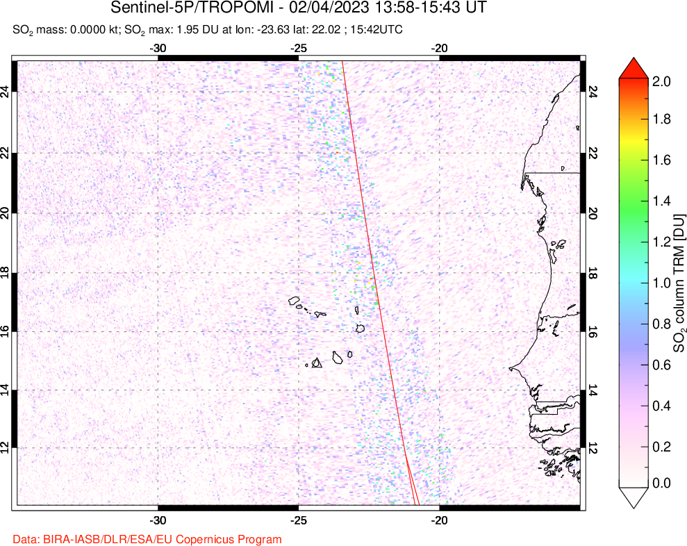 A sulfur dioxide image over Cape Verde Islands on Feb 04, 2023.
