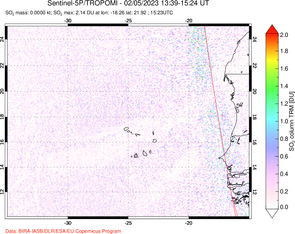A sulfur dioxide image over Cape Verde Islands on Feb 05, 2023.