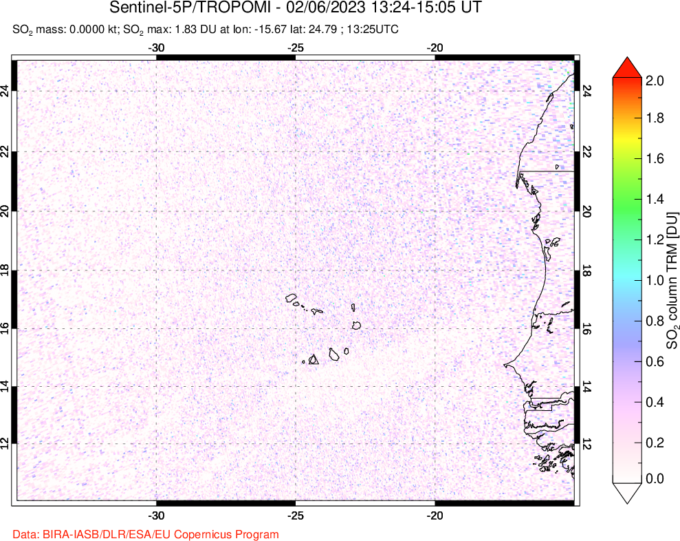 A sulfur dioxide image over Cape Verde Islands on Feb 06, 2023.