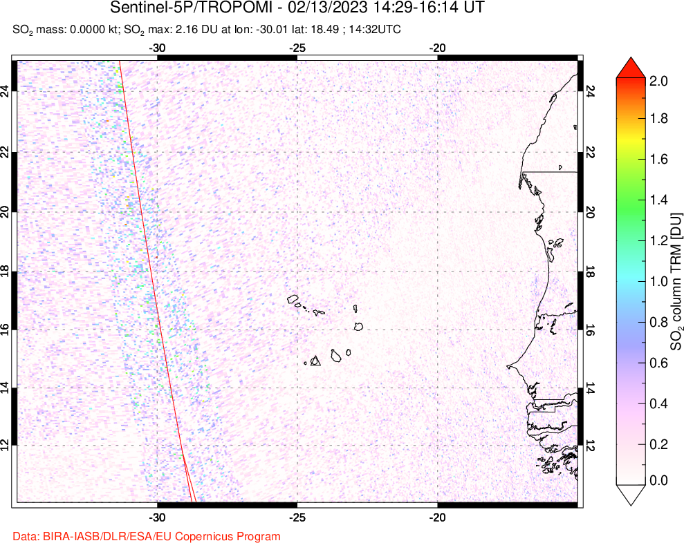 A sulfur dioxide image over Cape Verde Islands on Feb 13, 2023.