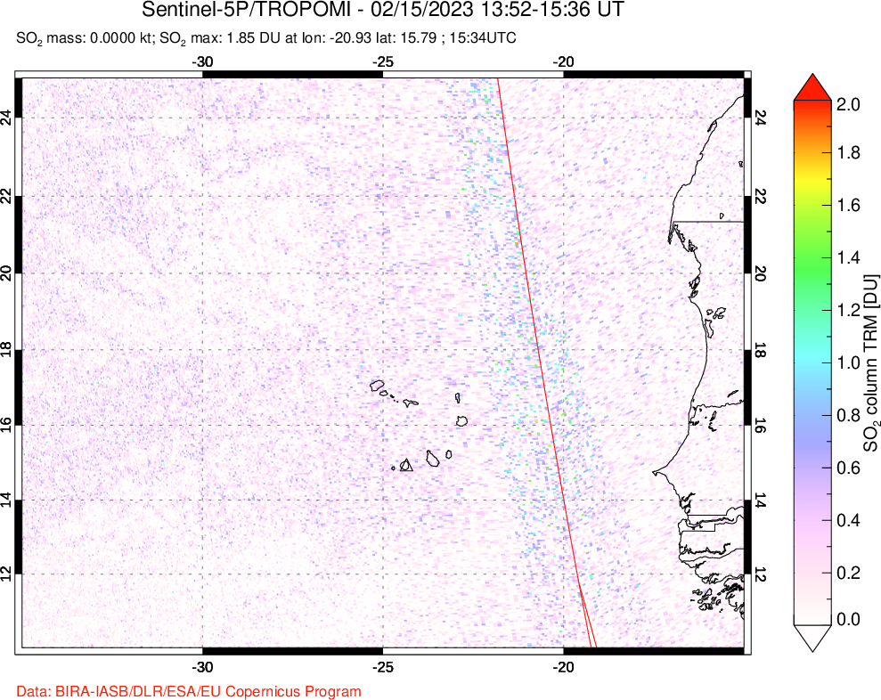 A sulfur dioxide image over Cape Verde Islands on Feb 15, 2023.