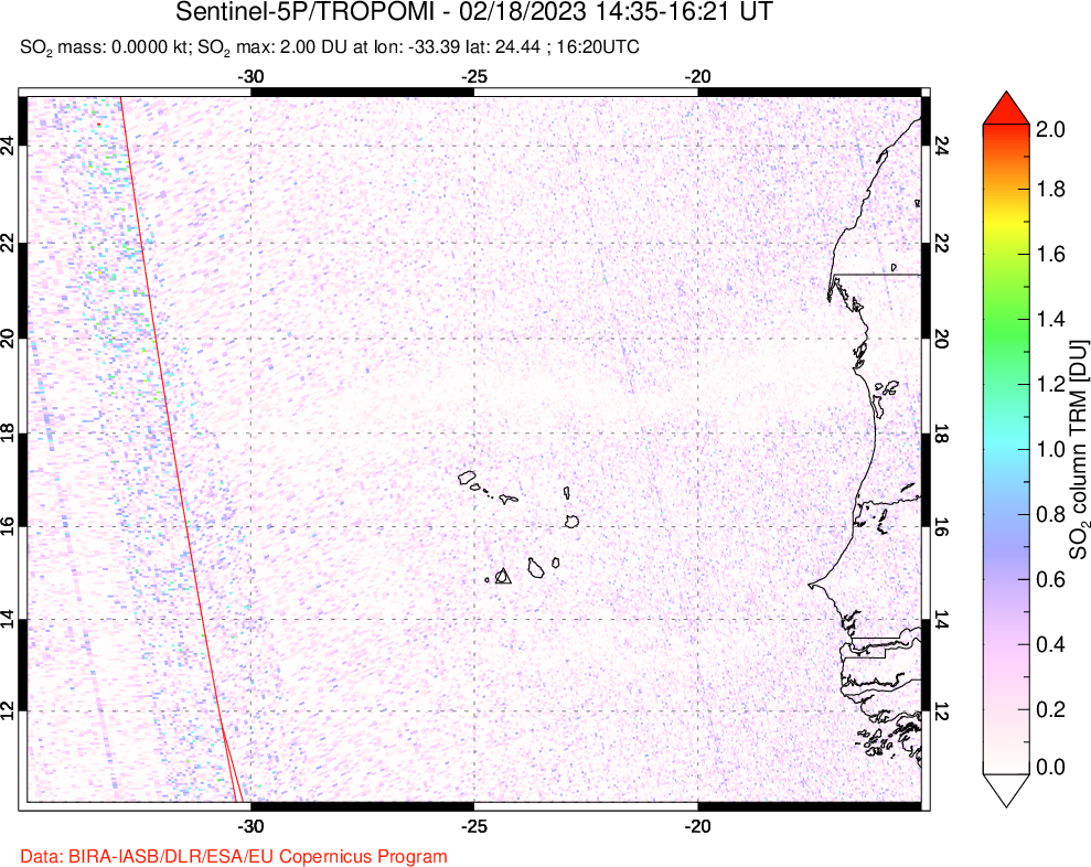 A sulfur dioxide image over Cape Verde Islands on Feb 18, 2023.