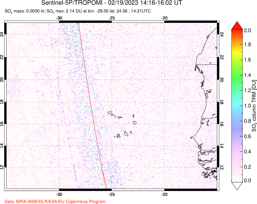 A sulfur dioxide image over Cape Verde Islands on Feb 19, 2023.