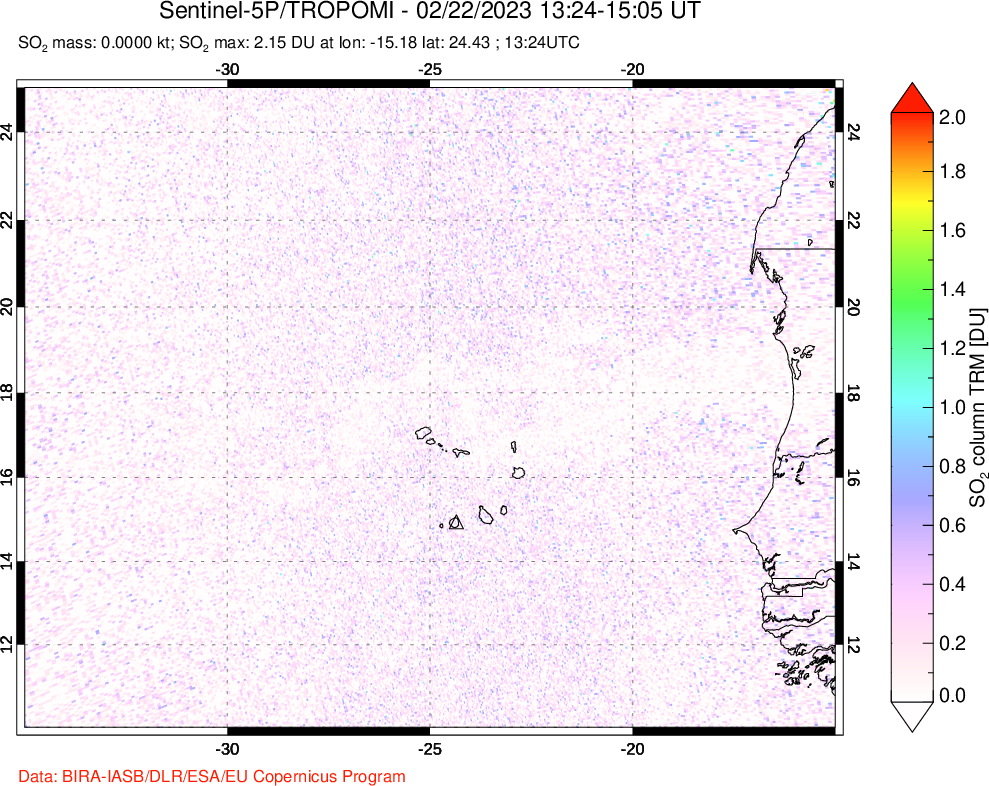 A sulfur dioxide image over Cape Verde Islands on Feb 22, 2023.
