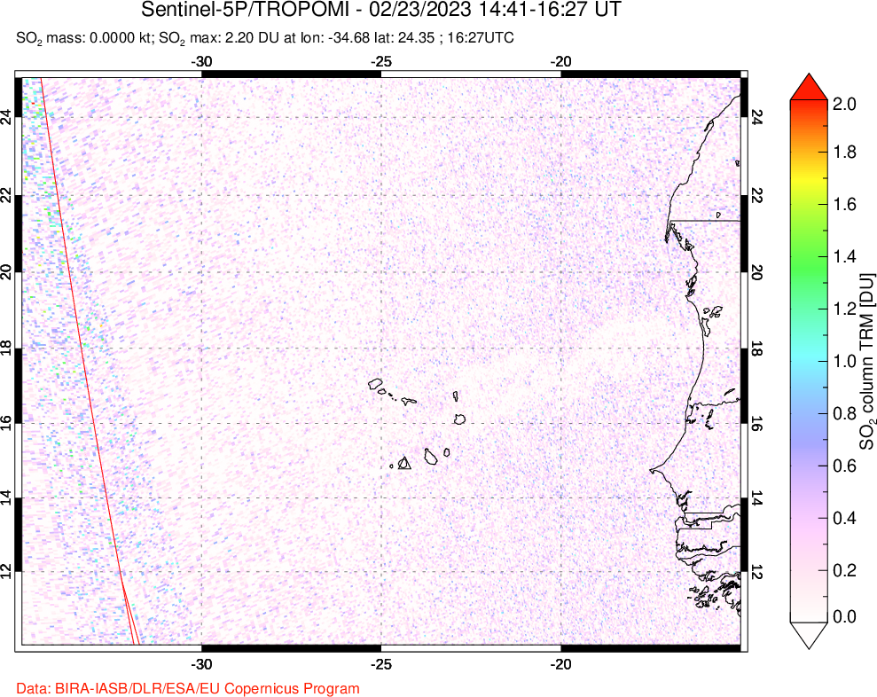 A sulfur dioxide image over Cape Verde Islands on Feb 23, 2023.