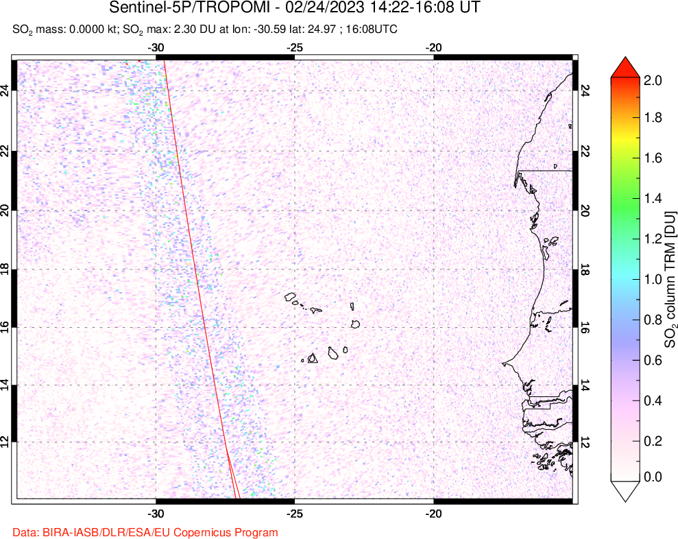 A sulfur dioxide image over Cape Verde Islands on Feb 24, 2023.