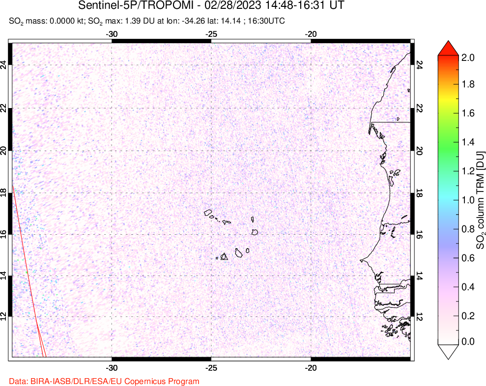 A sulfur dioxide image over Cape Verde Islands on Feb 28, 2023.