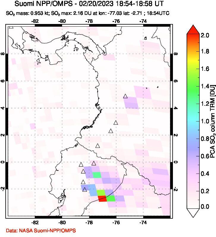 A sulfur dioxide image over Ecuador on Feb 20, 2023.