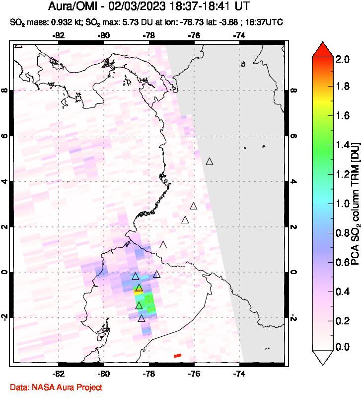 A sulfur dioxide image over Ecuador on Feb 03, 2023.