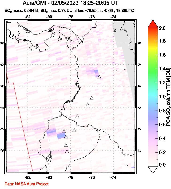 A sulfur dioxide image over Ecuador on Feb 05, 2023.