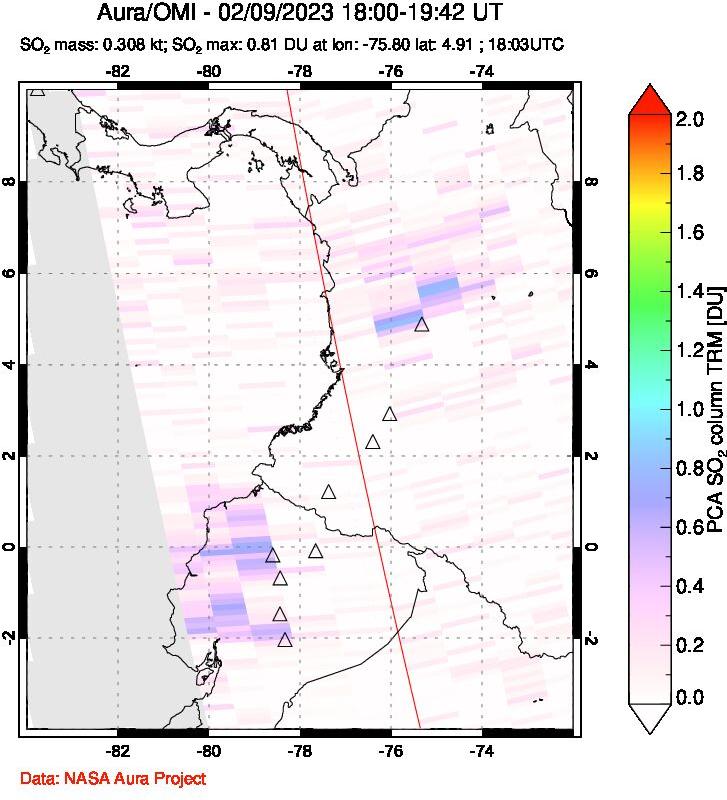A sulfur dioxide image over Ecuador on Feb 09, 2023.