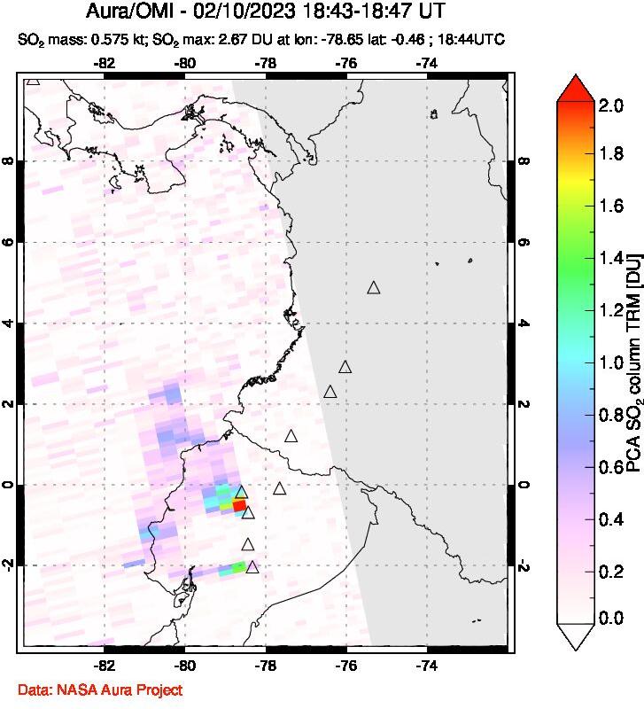 A sulfur dioxide image over Ecuador on Feb 10, 2023.