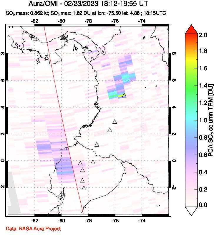 A sulfur dioxide image over Ecuador on Feb 23, 2023.