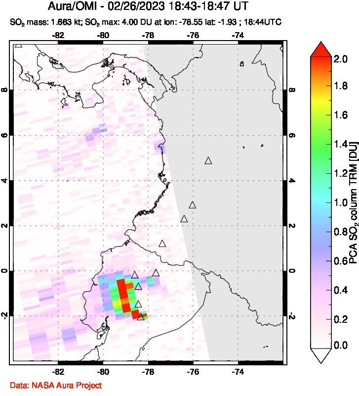 A sulfur dioxide image over Ecuador on Feb 26, 2023.