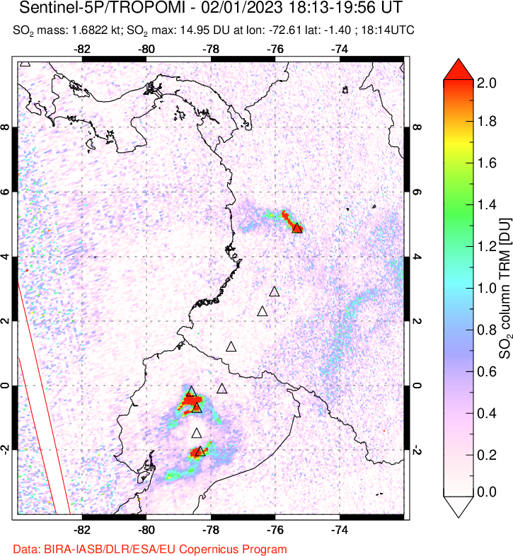 A sulfur dioxide image over Ecuador on Feb 01, 2023.