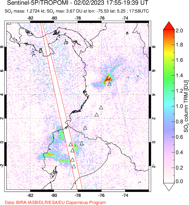 A sulfur dioxide image over Ecuador on Feb 02, 2023.