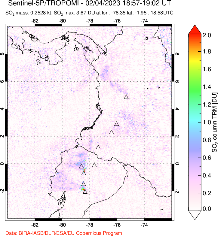 A sulfur dioxide image over Ecuador on Feb 04, 2023.
