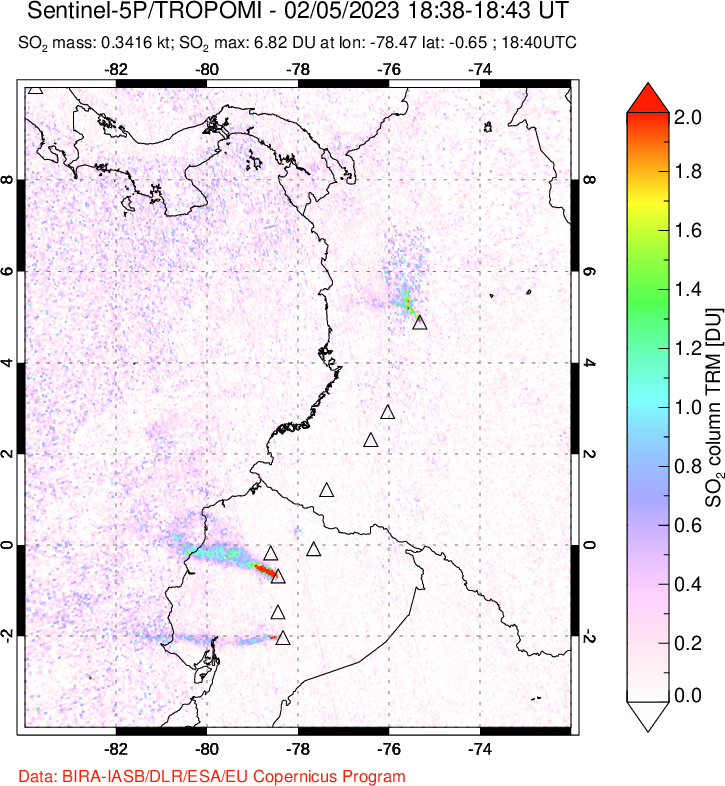 A sulfur dioxide image over Ecuador on Feb 05, 2023.
