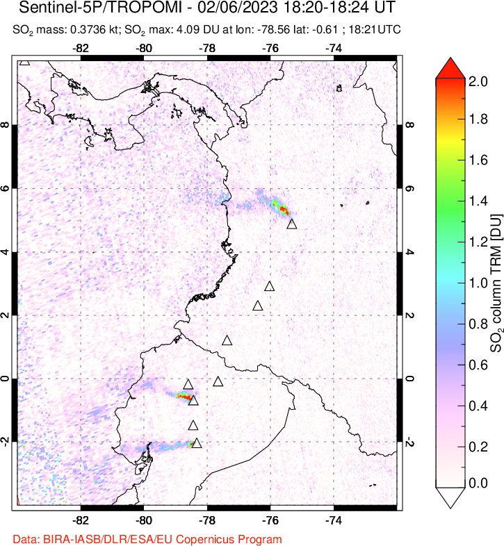 A sulfur dioxide image over Ecuador on Feb 06, 2023.