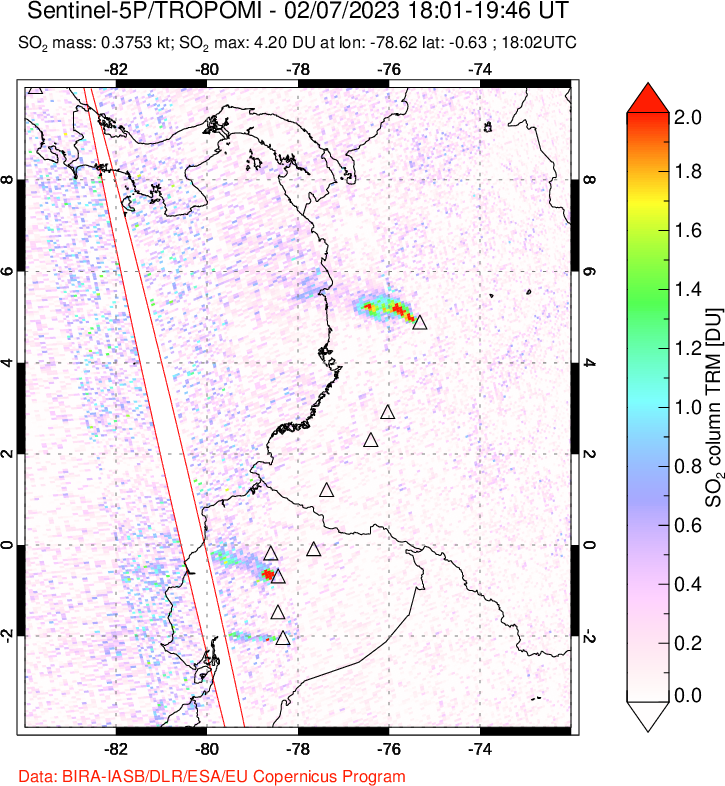 A sulfur dioxide image over Ecuador on Feb 07, 2023.