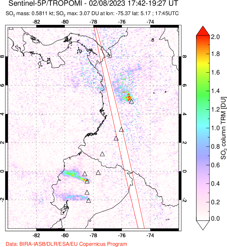 A sulfur dioxide image over Ecuador on Feb 08, 2023.