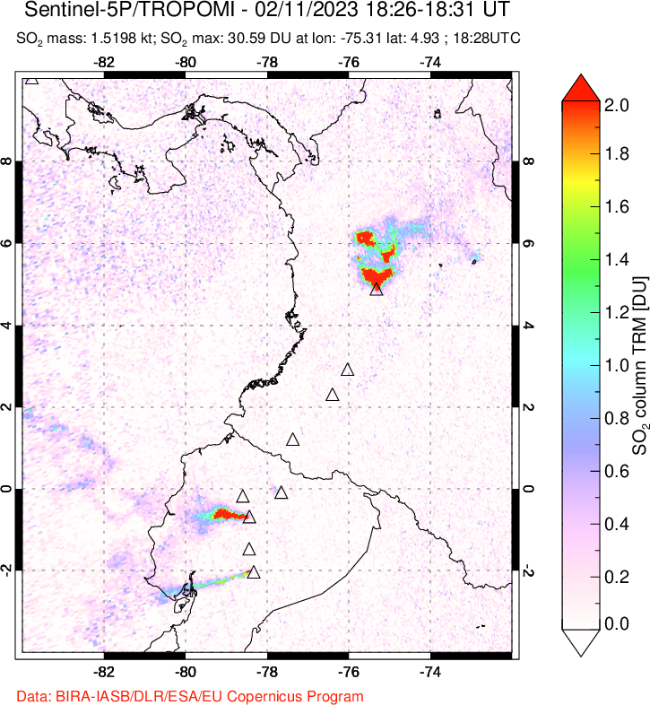 A sulfur dioxide image over Ecuador on Feb 11, 2023.